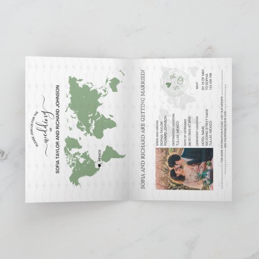 Sage Green Compass Hochzeit in Urlaubsort Passport Einladung (Innenseite)