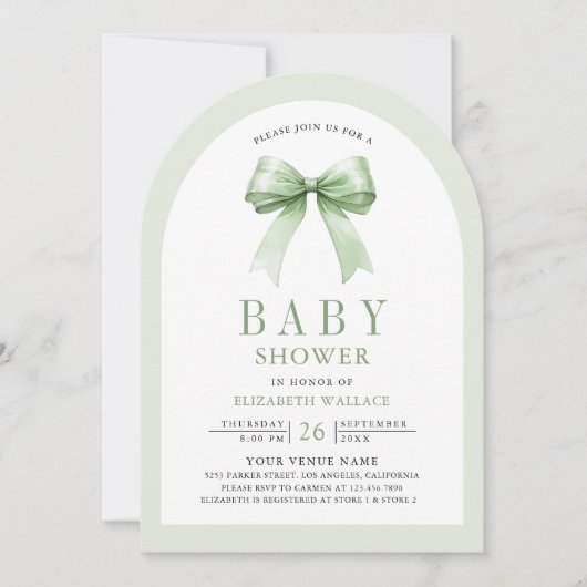 Sage Green Coquette Bow Arch QR Code Babydusche Einladung (Vorderseite)