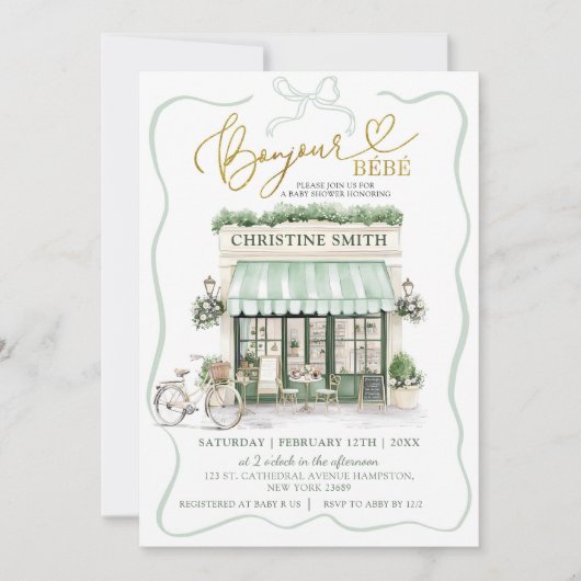 Sage Green Coquette Bow Parisian Cafe Babydusche Einladung (Vorderseite)