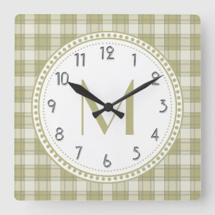 Sage Green Country Plaid Pattern Monogram Quadratische Wanduhr