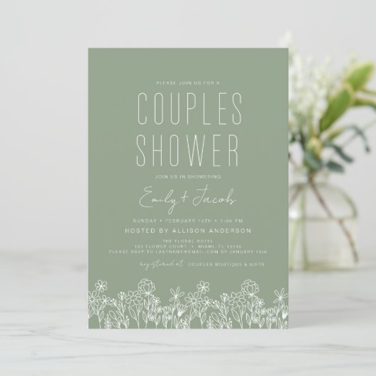 Sage Green Couples Dusche Boho Wildblume Einladung (Stehend Vorderseite)