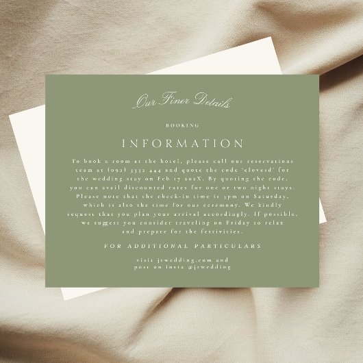Sage Green Cream Elegante Script Hochzeitsdetails Begleitkarte