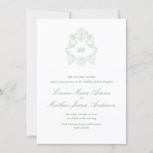Sage Green Crest Monogram Classic Wedding Einladung