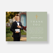 Sage Green Cross Boy Erste Kommunion Foto Dankeskarte