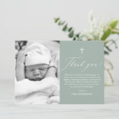 Sage Green Cross Boy Foto Taufe Danke Karte (Stehend Vorderseite)