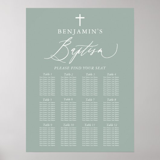 Sage Green Cross Boy Taufe Seating Chart Sign Poster (Vorne)