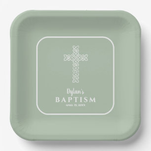 Sage Green Cross Kommunion Taufe Christening Pappteller