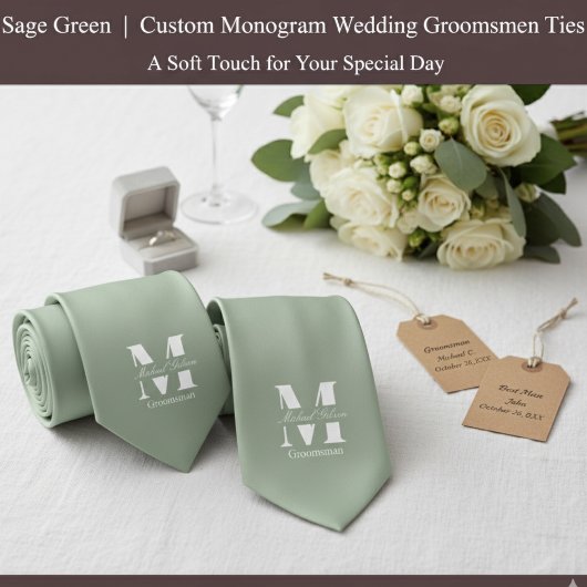 Sage Green | Custom Monogram Wedding Groomsmen Krawatte
