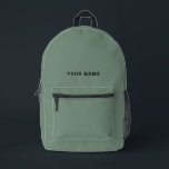 Sage Green Custom Name Backpack Bedruckter Rucksack<br><div class="desc">Easily personalize this simple and cool backpack adding your name or custom text. A cool and modern design in organic sage green featuring clear sans serif font, for a modern, professional and edgy look, perfect as custom gift for college students, high school, kids. The backpack can be customized in any...</div>