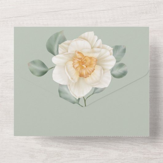 Sage green daffodil Frühjahr Blume Hochzeit All In One Einladung (Rückseite)