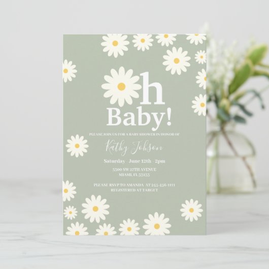 Sage Green Daisy Bohemisch Girl Baby Dusche Einladung (Stehend Vorderseite)