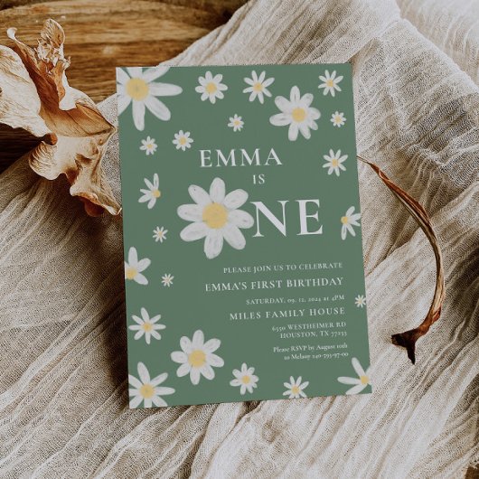 Sage Green Daisy Einladung 1. Geburtstag