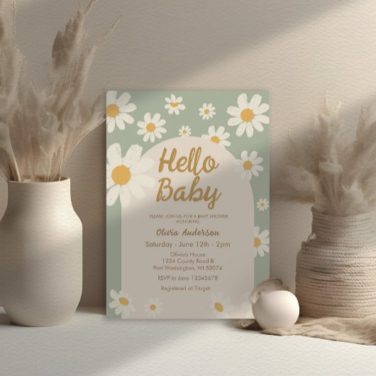 Sage Green Daisy Hello Baby Retro Baby Dusche Einladung