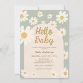 Sage Green Daisy Hello Baby Retro Baby Dusche Einladung (Vorderseite)