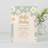 Sage Green Daisy Hello Baby Retro Baby Dusche Einladung (Stehend Vorderseite)