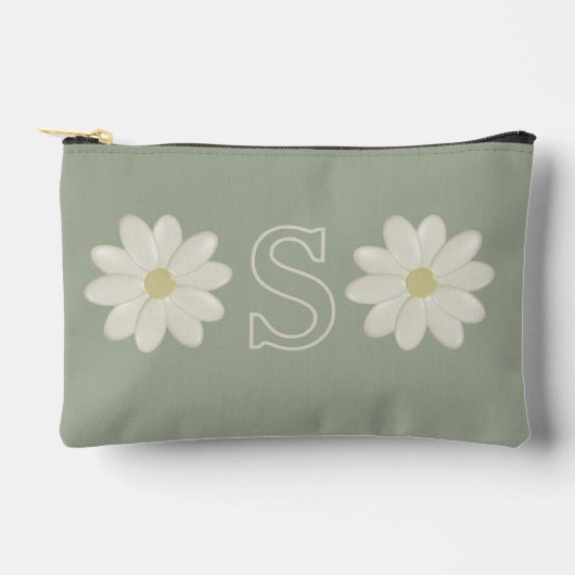 Sage Green Daisy Mit Monogramm Accessory Pouch Zubehörtasche (Vorderseite)