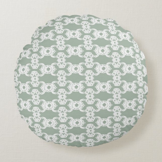 Sage Green Damask Rundes Kissen (Vorderseite)