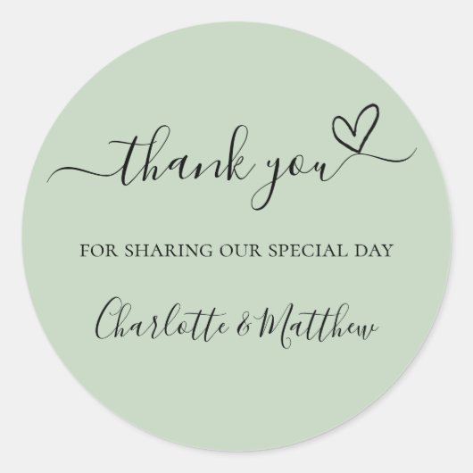 Sage Green danke Herz Hochzeit Runder Aufkleber (Vorderseite)