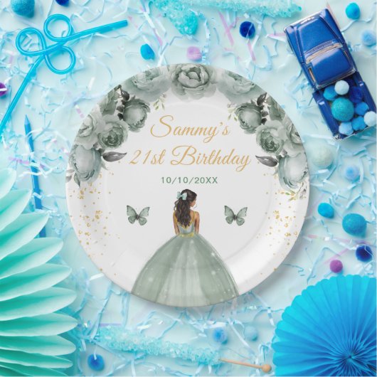 Sage Green Dark Skin Princess Birthday Party Pappteller (Party)