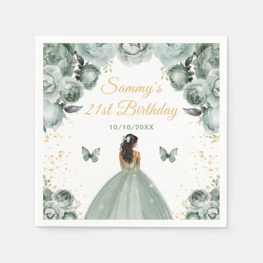 Sage Green Dark Skin Princess Birthday Party Serviette (Vorderseite)