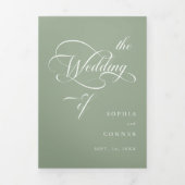 Sage Green Delicate Elegante Script Hochzeit Dreifach Gefaltete Einladung (Cover)