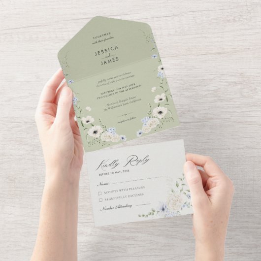 Sage Green | Detachable RSVP | Minimalist Wedding All In One Einladung (Abreißtisch)