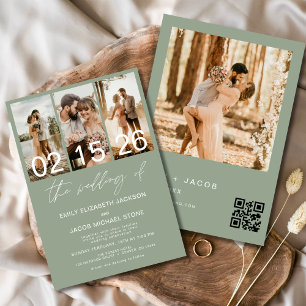 Sage Green Die Hochzeit von Foto QR-Code Elegant Einladung