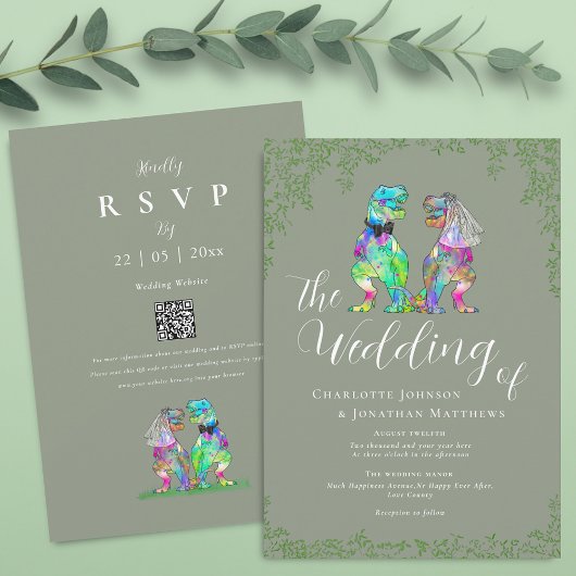 Sage Green Dinosaur Wedding QR Code Einladung