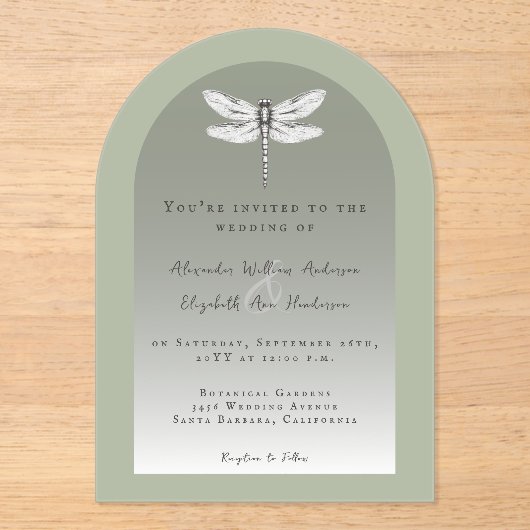 Sage Green Dragonfly Hochzeit Acryleinladungen (Vorderseite)
