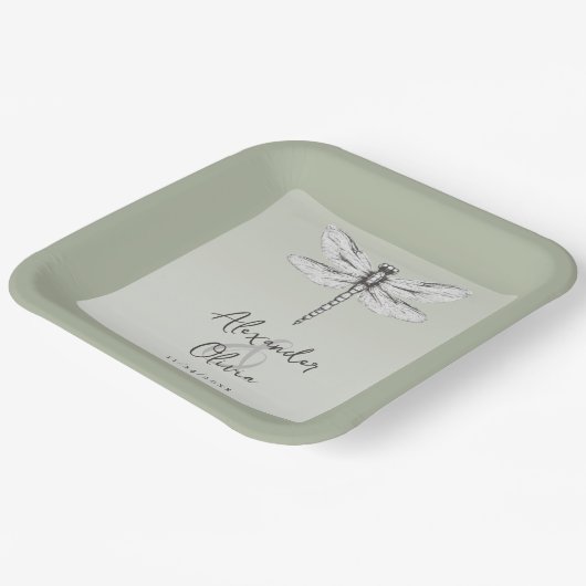Sage Green Dragonfly Hochzeit Pappteller (Gewinkelt)