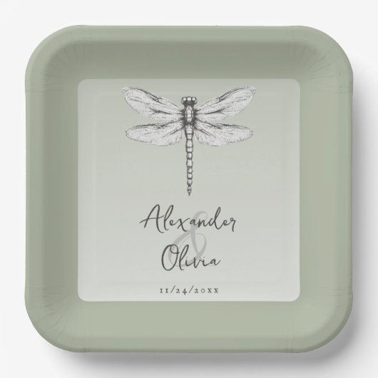 Sage Green Dragonfly Hochzeit Pappteller (Vorderseite)