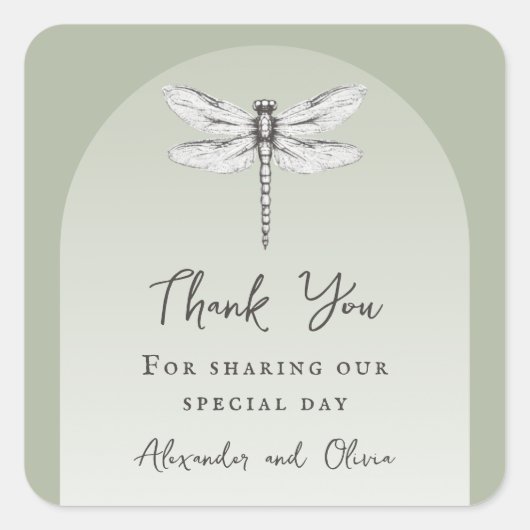 Sage Green Dragonfly Hochzeit Quadratischer Aufkleber (Vorderseite)