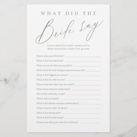 Sage Green Drehbuch, was die Braut sagte Spiel (Vorderseite)