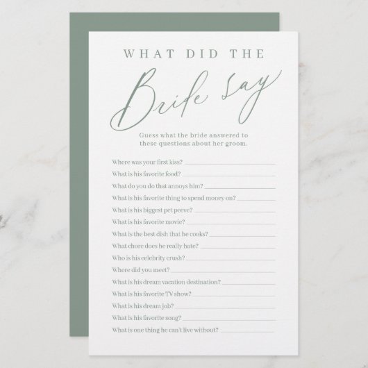Sage Green Drehbuch, was die Braut sagte Spiel (Vorne/Hinten)