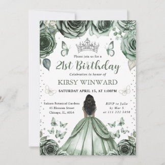 Sage Green Dress Dark Skin Princess Geburtstag Einladung