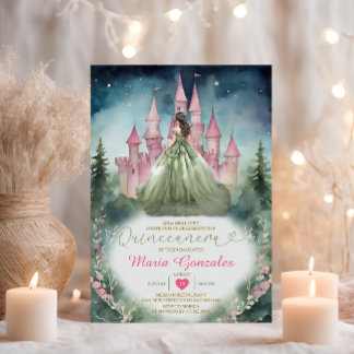 Sage Green Dress Forest Pink Castle 16 Quinceañera Einladung
