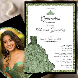 Sage Green Dress & Tiara Custom Photo Quinceanera Einladung