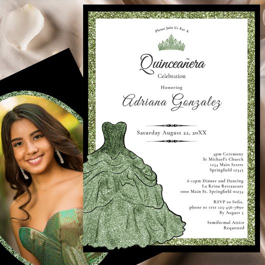 Sage Green Dress & Tiara Custom Photo Quinceanera Einladung