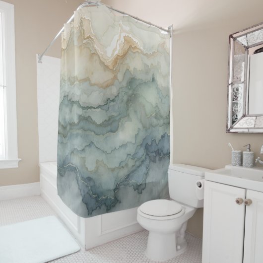 Sage Green Dusty Blue Beige Abstrakt Waves Duschvorhang (Beispiel)