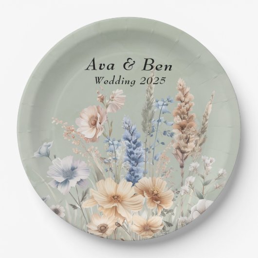 Sage Green Dusty Blue Wildblumen Hochzeit Pappteller (Vorderseite)