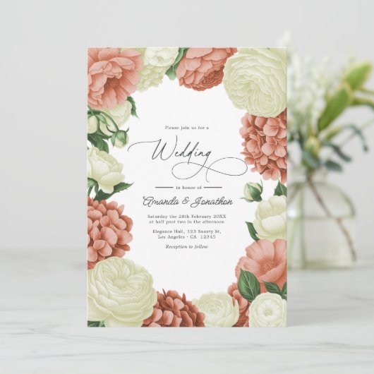 Sage Green, Dusty Peach & Ivory Floral Wedding Einladung (Stehend Vorderseite)