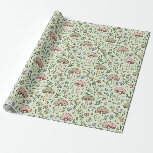 Sage Green Earthy Mushroom Seamless Pattern Geschenkpapier (Ungerollt)