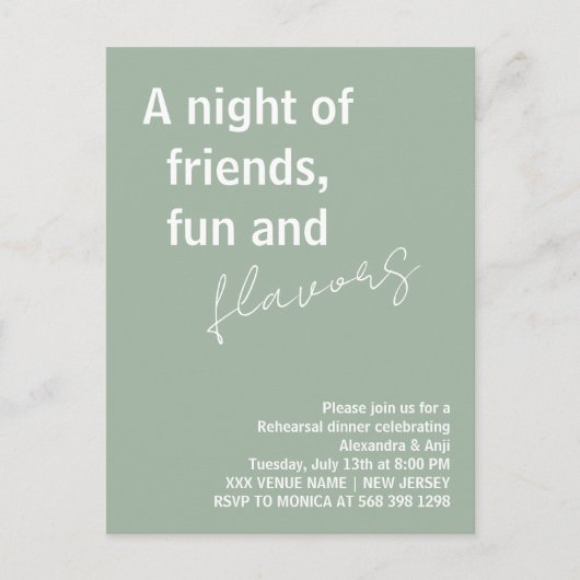 Sage Green eine Nacht mit Freunden Probe Dinner Postkarte (Vorderseite)