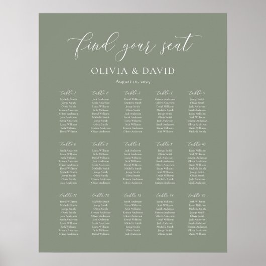 Sage Green Elegant 15 Tabelle Seating Chart Poster (Vorne)