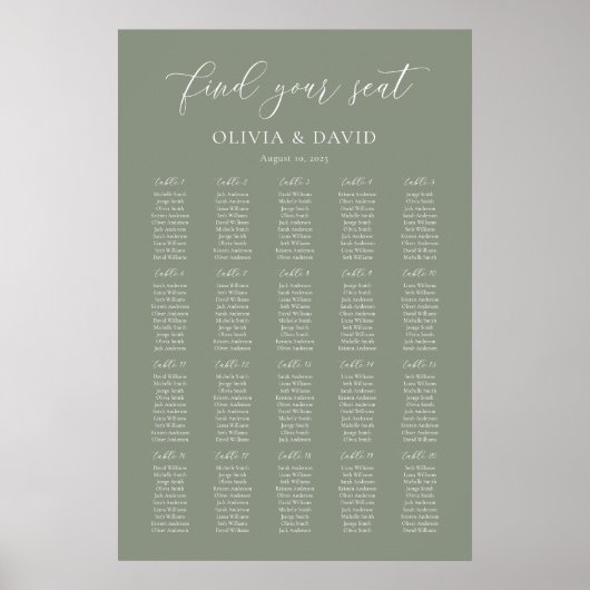 Sage Green Elegant 20 Tabelle Seating Chart Poster (Vorne)