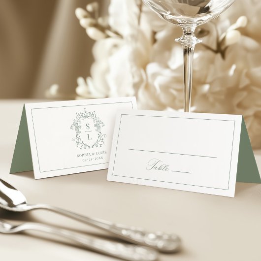 Sage Green Elegant Baroque Wappen Monogram Wedding Platzkarte