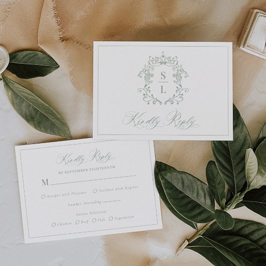 Sage Green Elegant Baroque Wappen Monogram Wedding RSVP Karte