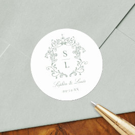 Sage Green Elegant Baroque Wappen Monogram Wedding Runder Aufkleber