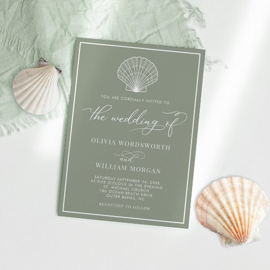 Sage Green Elegant Beach Seashell Wedding Einladung