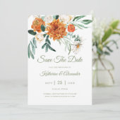 Sage Green Elegant Blumen Orange Foto Hochzeit Save The Date (Stehend Vorderseite)